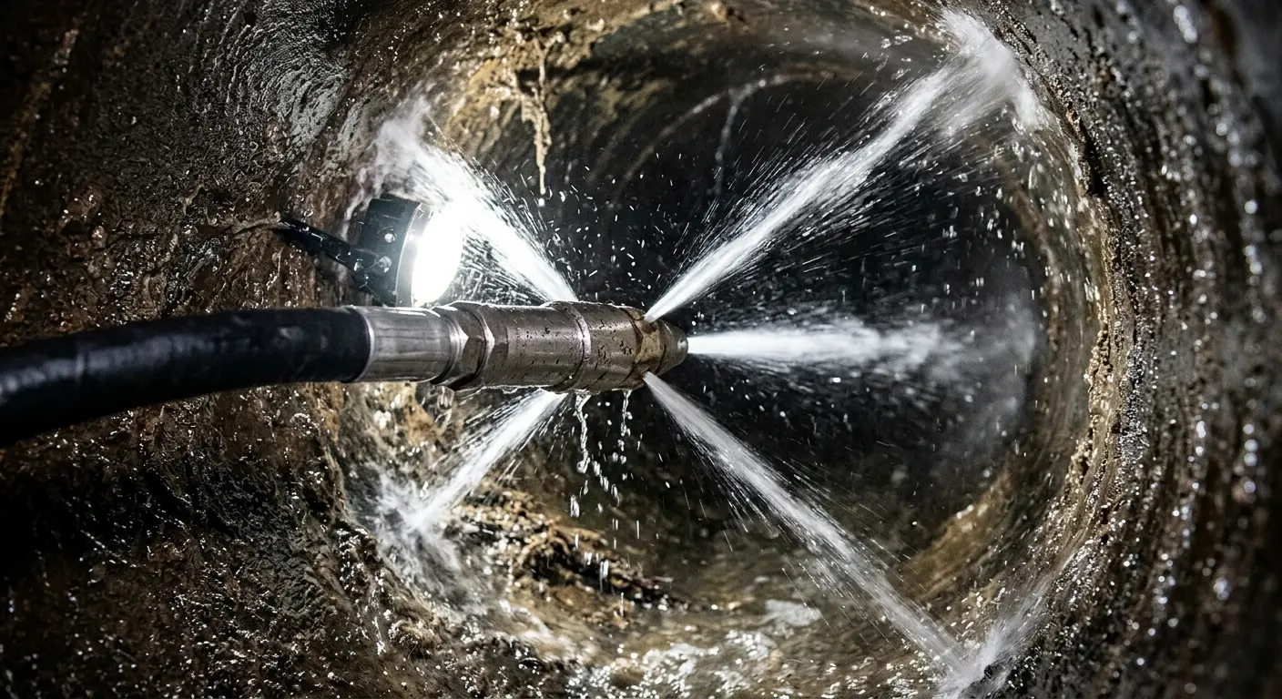 High-pressure hydro jetting nozzle cleaning sewer pipe for Emergency Drain Service in Summit
