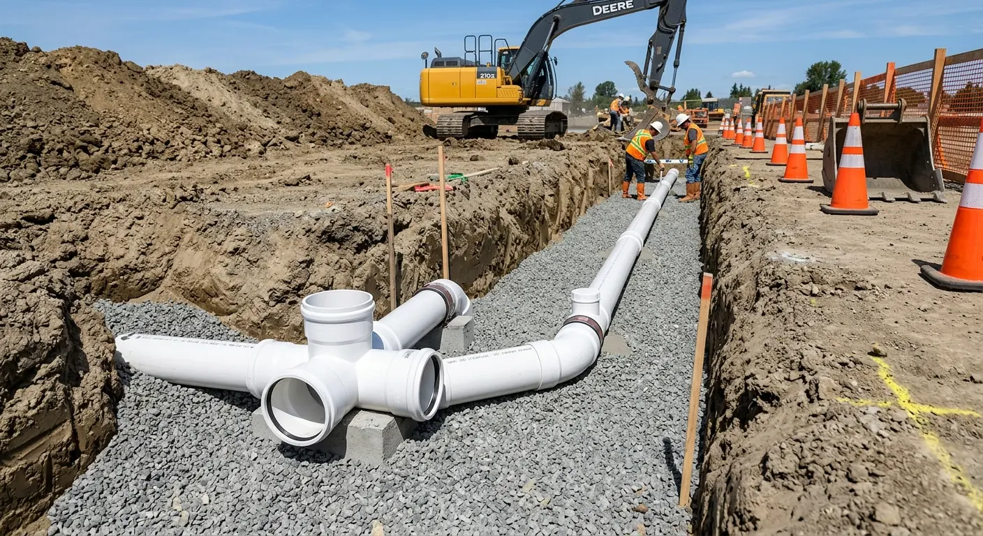 New PVC sewer pipe installation in open trench for Sewer Backup in Summit