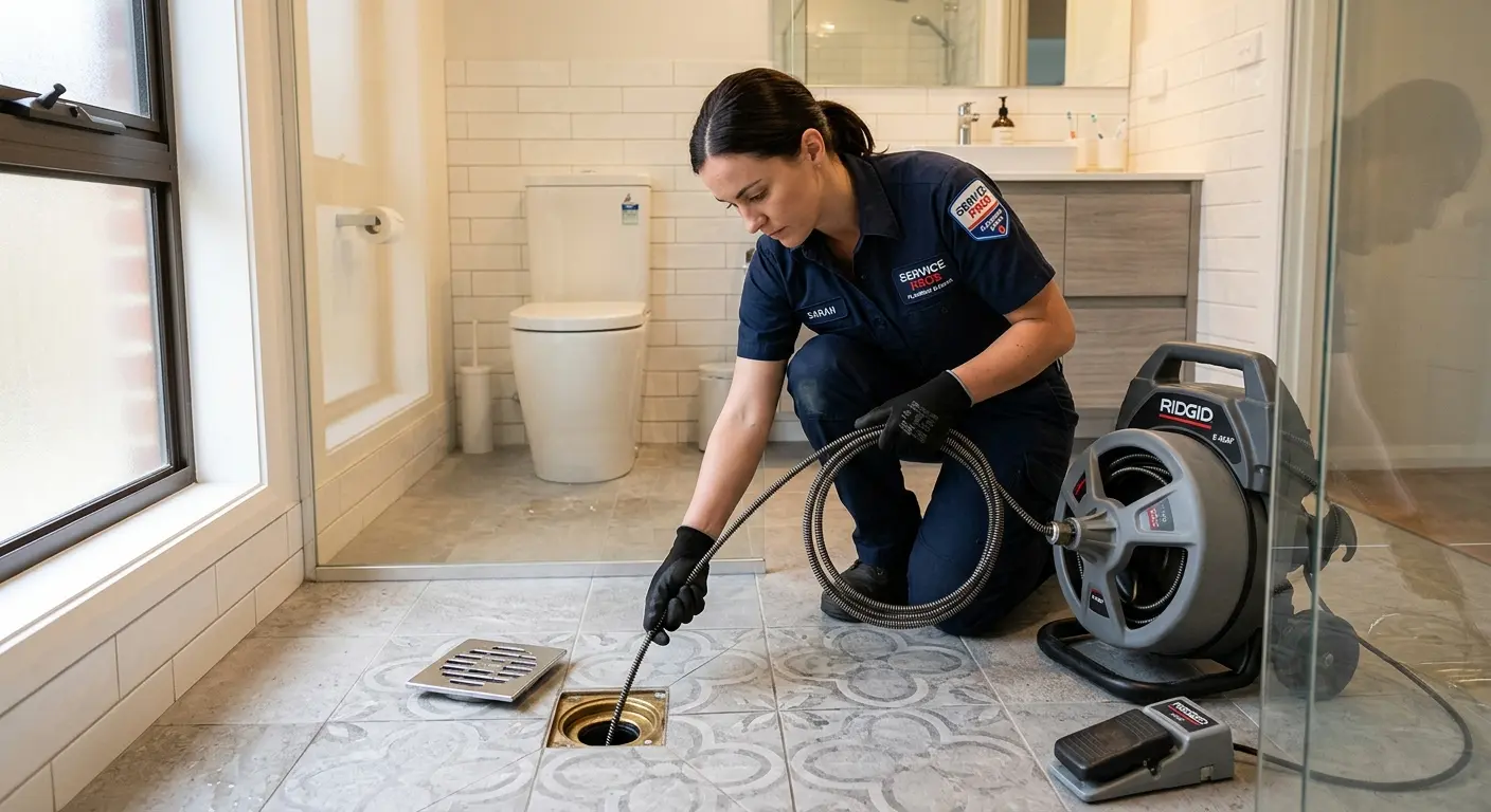 Technician clearing a bathroom floor drain for Sewer Line Replacement in Summit